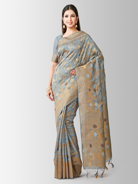 

MIMOSA Grey & Gold-Toned Art Silk Woven Design Kanjeevaram Saree
