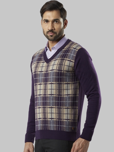 

Raymond Men Purple & Beige Checked Sweater