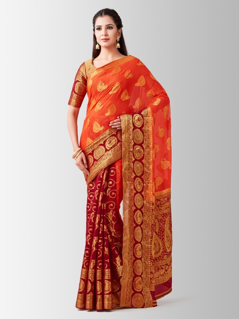 

MIMOSA Orange & Maroon Poly Chiffon Printed Kanjeevaram Saree