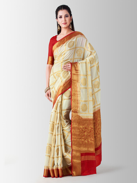

MIMOSA Beige & Red Poly Chiffon Woven Design Patola Saree