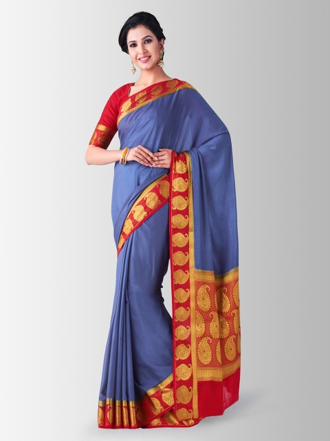 

MIMOSA Blue & Red Poly Crepe Woven Design Kanjeevaram Saree