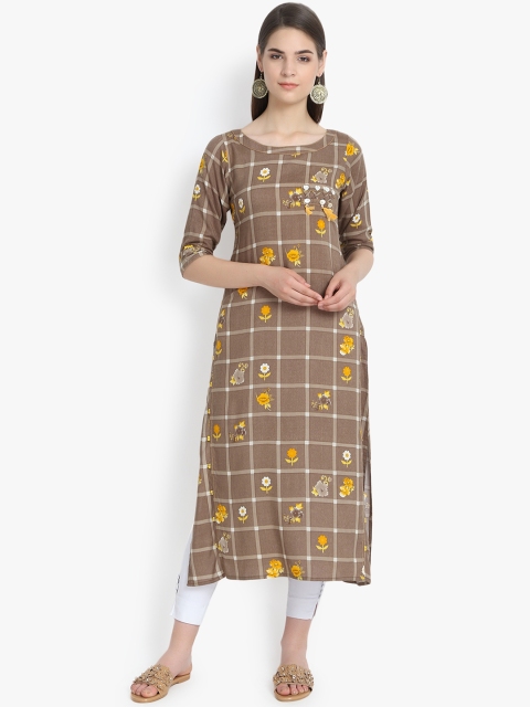 

Aujjessa Women Taupe & Yellow Checked Straight Kurta