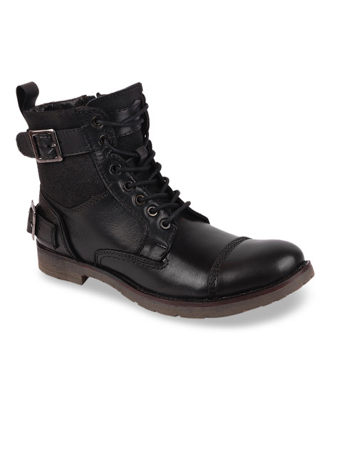 

FAUSTO Men Black Solid Leather Mid-Top Flat Boots