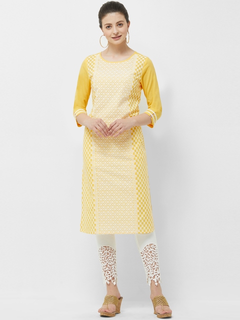 

Naari Women Yellow & White Embroidered Straight Kurta