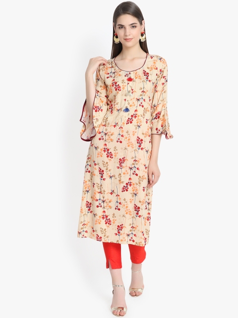 

Aujjessa Women Beige & Maroon Floral Printed Straight Kurta