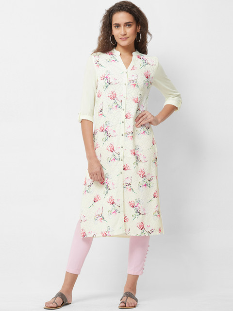 

Naari Women Off-White & Pink Embroidered Straight Kurta with Floral Printed Detail