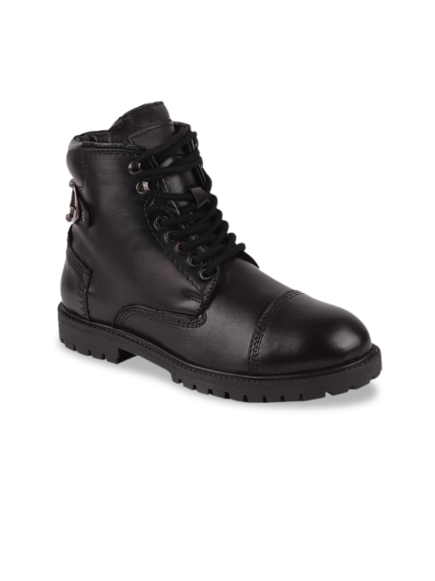 

FAUSTO Men Black Solid Leather Mid-Top Flat Boots