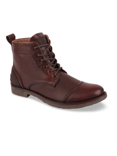 

FAUSTO Men Brown Solid Leather Mid-Top Flat Boots