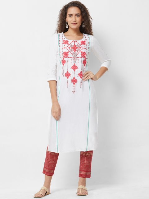 Naari Women White & Pink Embroidered Straight Kurta