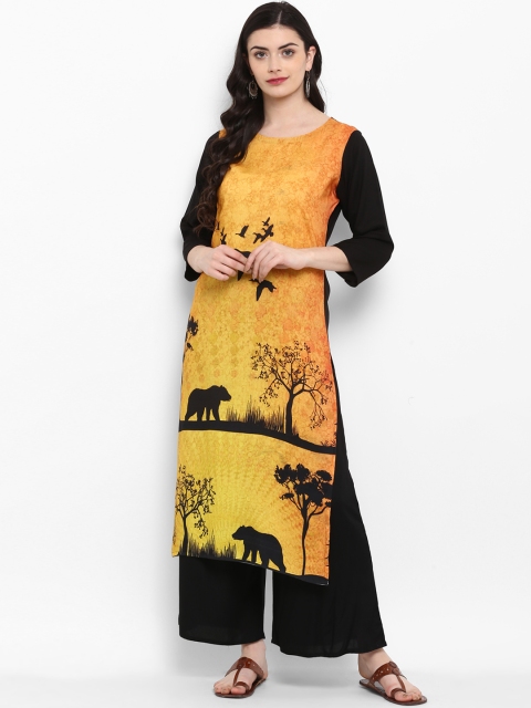 

ZIYAA Women Mustard Yellow & Black Printed Kurta with Palazzos