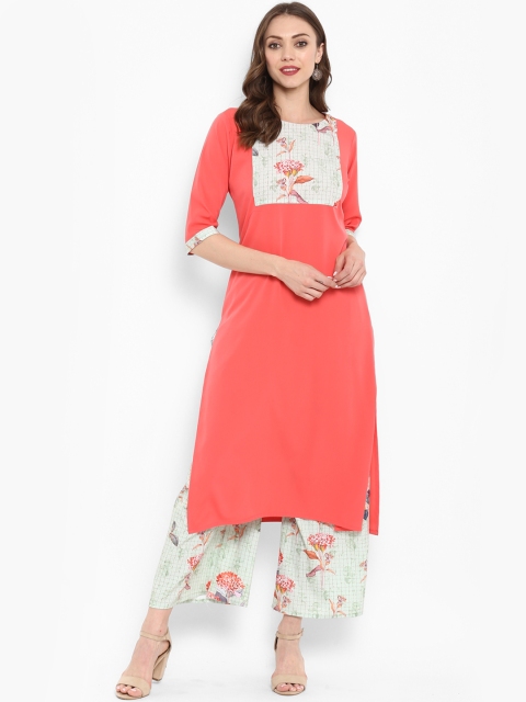 

ZIYAA Women Peach-Coloured & Green Yoke Design Kurta with Palazzos