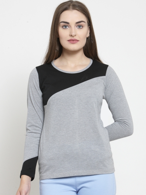 

WILD WEST Women Grey & Black Colourblocked Round Neck T-shirt