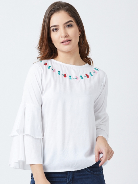 

The Dry State Women White Embroidered Neck Bell Sleeve Top