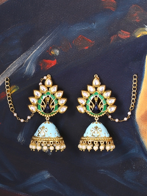 

Voylla Gold-Toned & Green Enamelled Peacock Shaped Jhumkas
