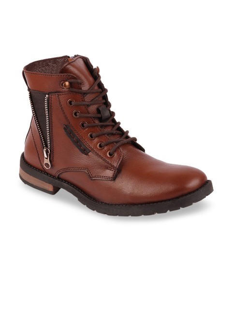 

FAUSTO Men Tan Brown Solid Leather Mid-Top Flat Boots