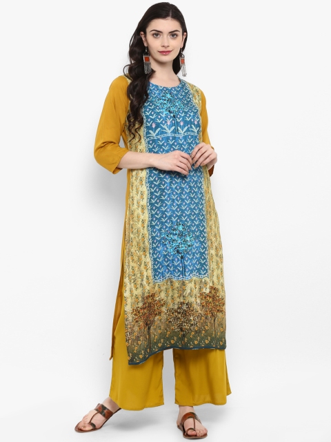 

ZIYAA Women Mustard Yellow & Blue Printed Kurta with Palazzos