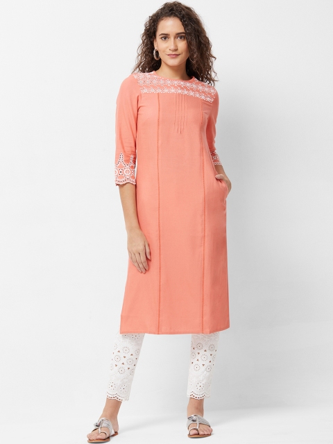 

Naari Women Peach-Coloured Solid Straight Kurta