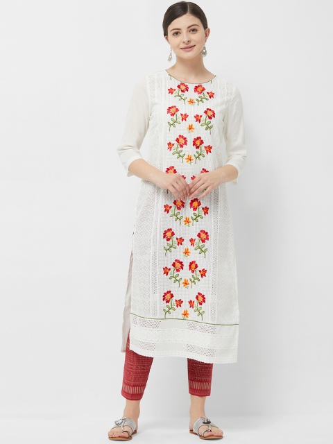 

Naari Women White Embroidered Straight Kurta