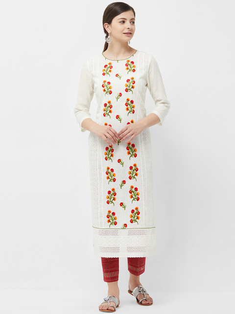 

Naari Women Off-White & Red Embroidered Straight Kurta