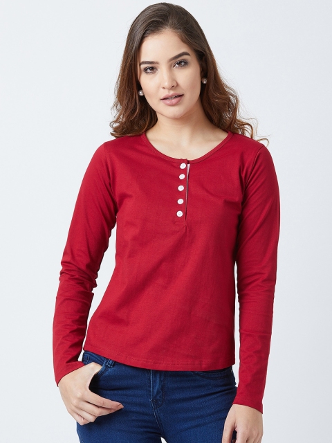 

The Dry State Women Red Solid Henley Neck T-shirt