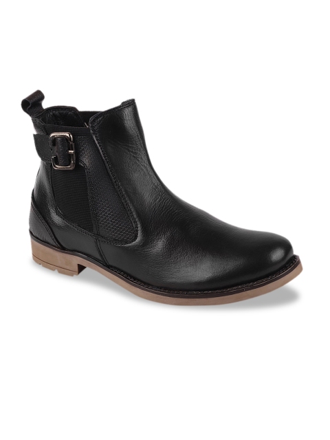 

FAUSTO Men Black Solid Leather Mid-Top Flat Boots