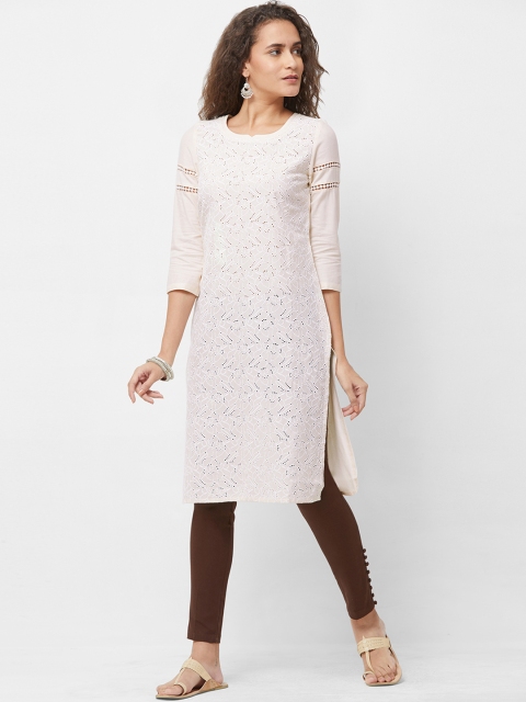 

Naari Women Off-White & Beige Embroidered Straight Kurta