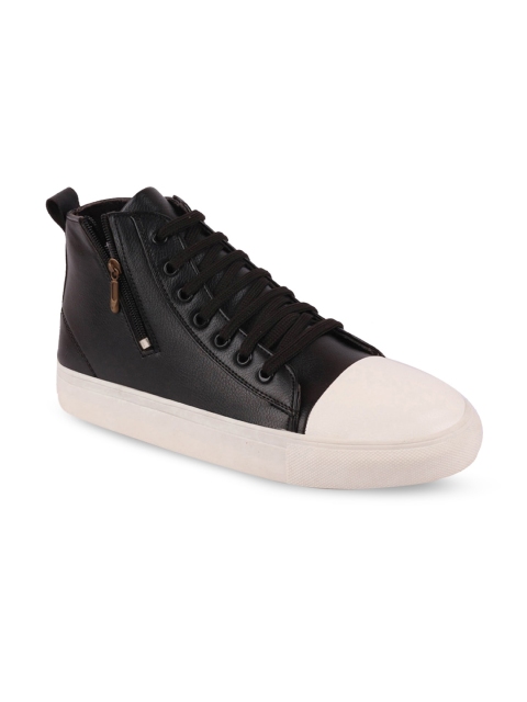FAUSTO Men Black Solid Synthetic Leather Mid-Top Sneakers