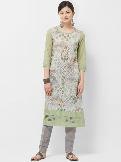 

Naari Women Green & Off-White Floral Printed Straight Kurta