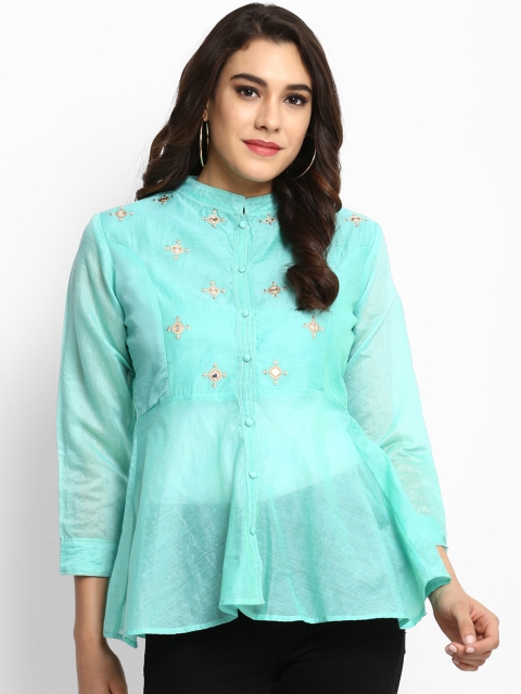 

Bhama Couture Women Sea Green Embroidered Peplum Pure Cotton Top