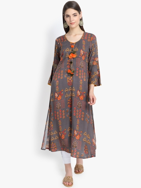 

Aujjessa Women Grey & Orange Printed A-Line Kurta