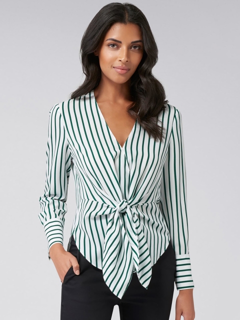 

Forever New Women White & Green Striped Cinched Waist Top