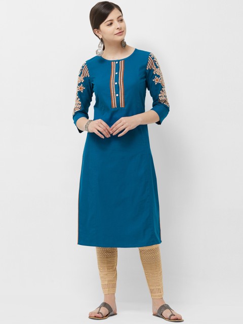 

Naari Women Teal Blue Embroidered Straight Kurta