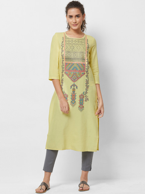 

Naari Women Yellow & Grey Embroidered Straight Kurta