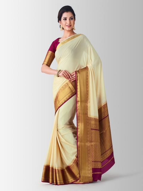 

MIMOSA Beige & Maroon Poly Crepe Solid Kanjeevaram Saree