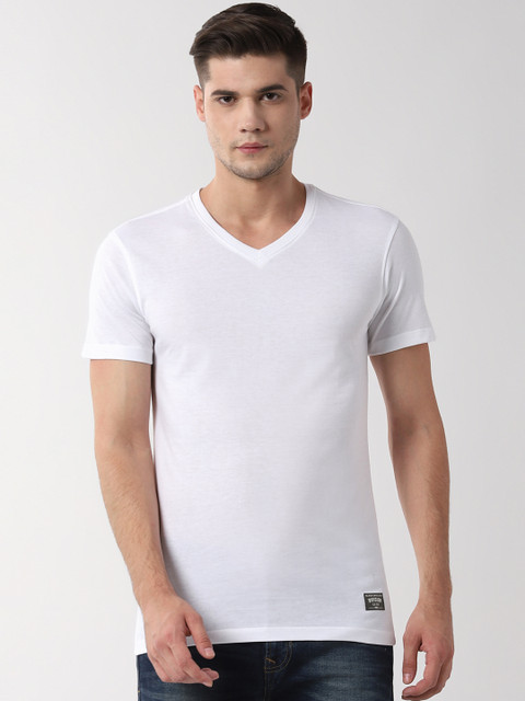 

Peter England Casuals Men White Solid V-Neck Slim Fit T-shirt