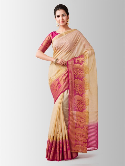 

MIMOSA Beige & Pink Linen Blend Woven Design Kanjeevaram Saree