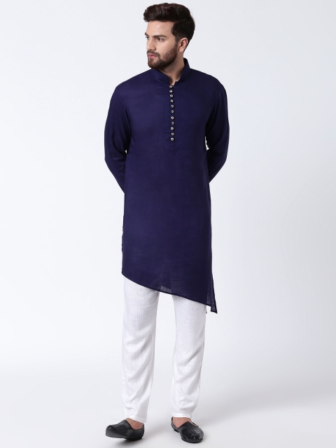 I Know Men Navy Blue Solid Straight Asymmetric Kurta