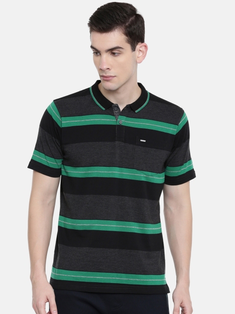 

Proline Men Charcoal Grey & Green Striped Comfort Fit Everfresh Polo Collar T-shirt
