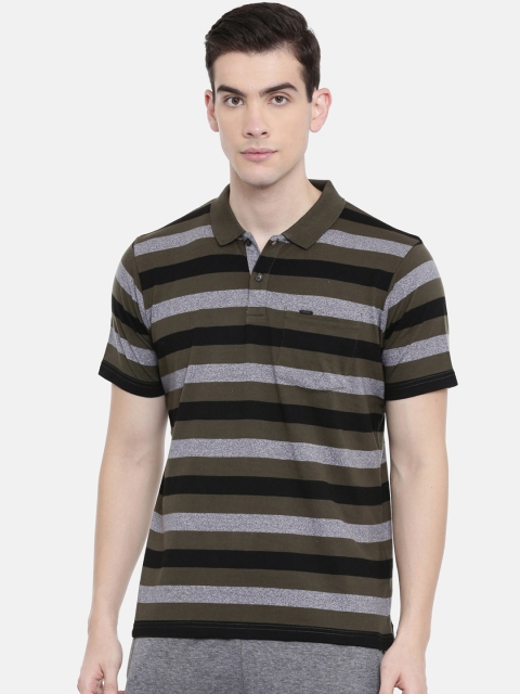 

Proline Men Green & Grey Striped Comfort Fit Everfresh Polo Collar T-shirt