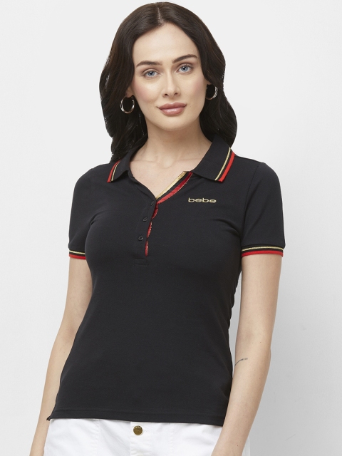 

bebe Women Black Solid Polo Collar T-shirt
