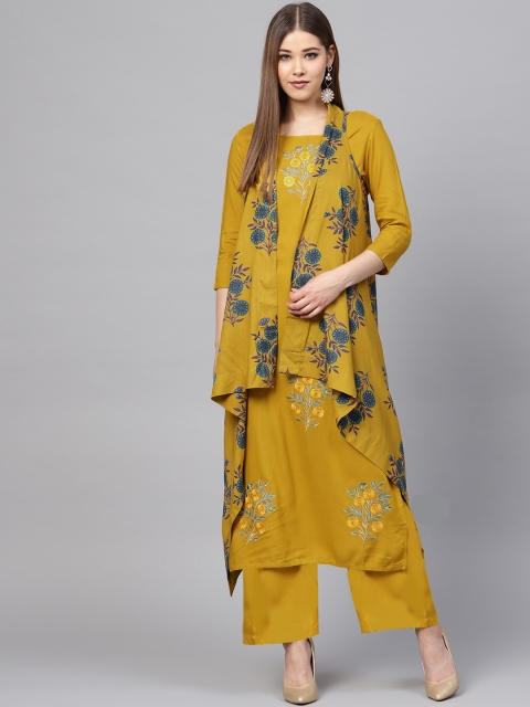 

Ishin Women Mustard Yellow and Blue Block Print Straight Kurta