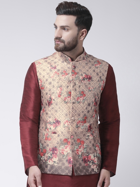 

I Know Men Beige Floral Printed Woven Nehru Jacket