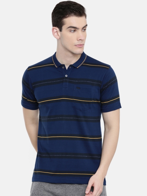 

Proline Men Blue & Yellow Striped Comfort Fit Everfresh Polo Collar T-shirt