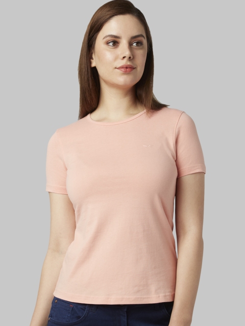 Park Avenue Woman Peach-Coloured Solid Round Neck T-shirt