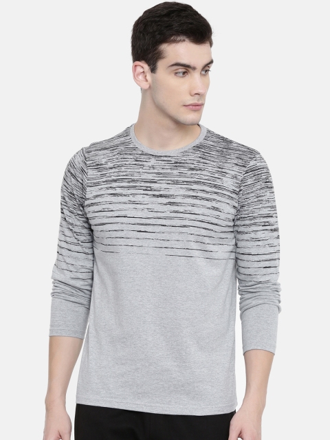 Proline Men Grey Melange Striped Round Neck T-shirt