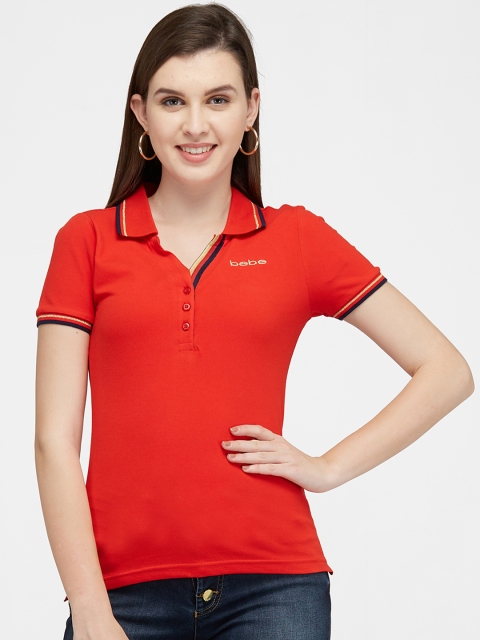 bebe Women Red Solid Polo Collar T-shirt