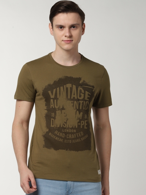 

Peter England Casuals Men Olive Green Printed Round Neck Slim Fit T-shirt