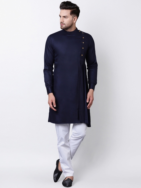 

I Know Men Navy Blue & White Solid Kurta with Pyjamas