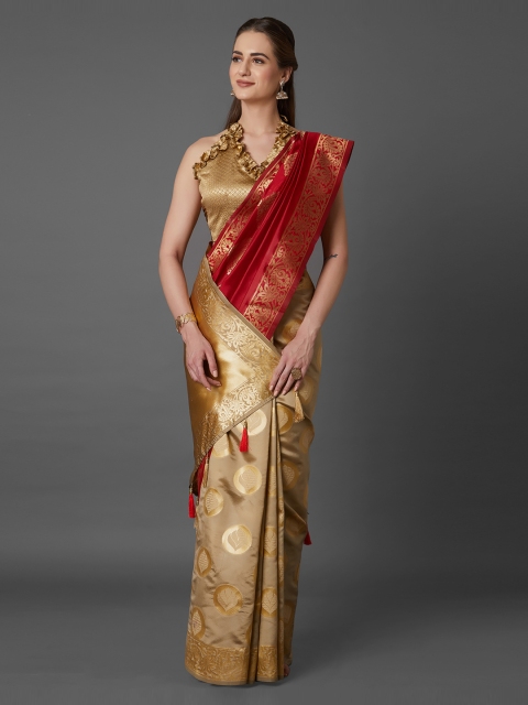 

Mitera Red & Beige Silk Blend Woven Design Half & Half Kanjeevaram Saree