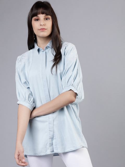 

Tokyo Talkies Women Blue Embroidered Denim Shirt Style Top